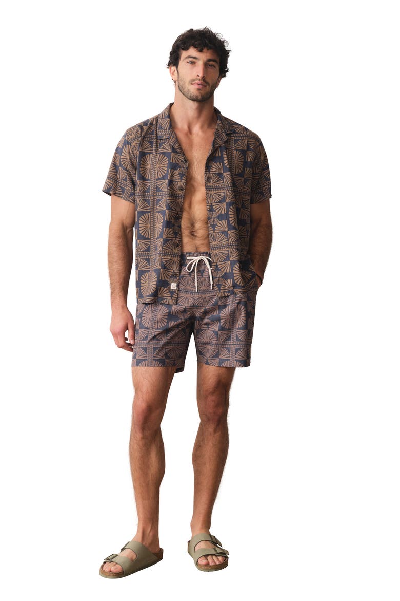 Geo Fan Print Lined Swim Trunks, Alternate, color, BROWN/ NAVY GEO FAN PRINT