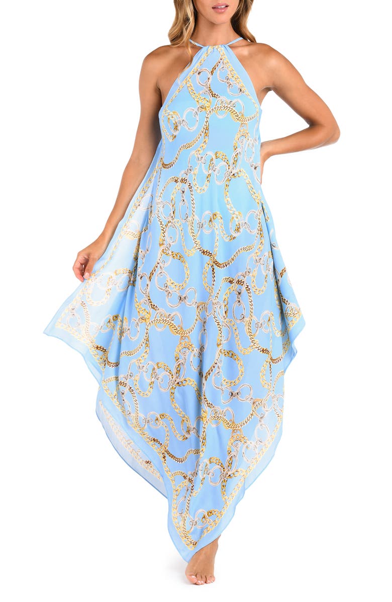 L'AGENCE Elise Chain Print Halter Cover-Up Dress, Main, color, Sky