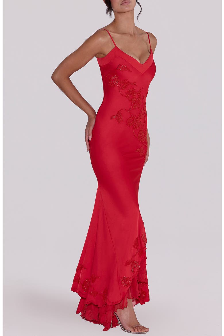 Anastelle Bead Embellished Satin Mermaid Gown, Alternate, color, RED