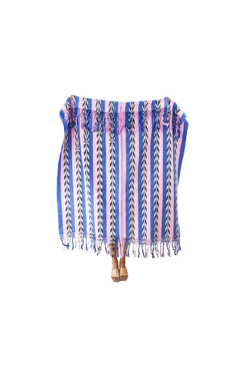 Palm Ikat Pink and Blue Handwoven Cotton Throw Blanket