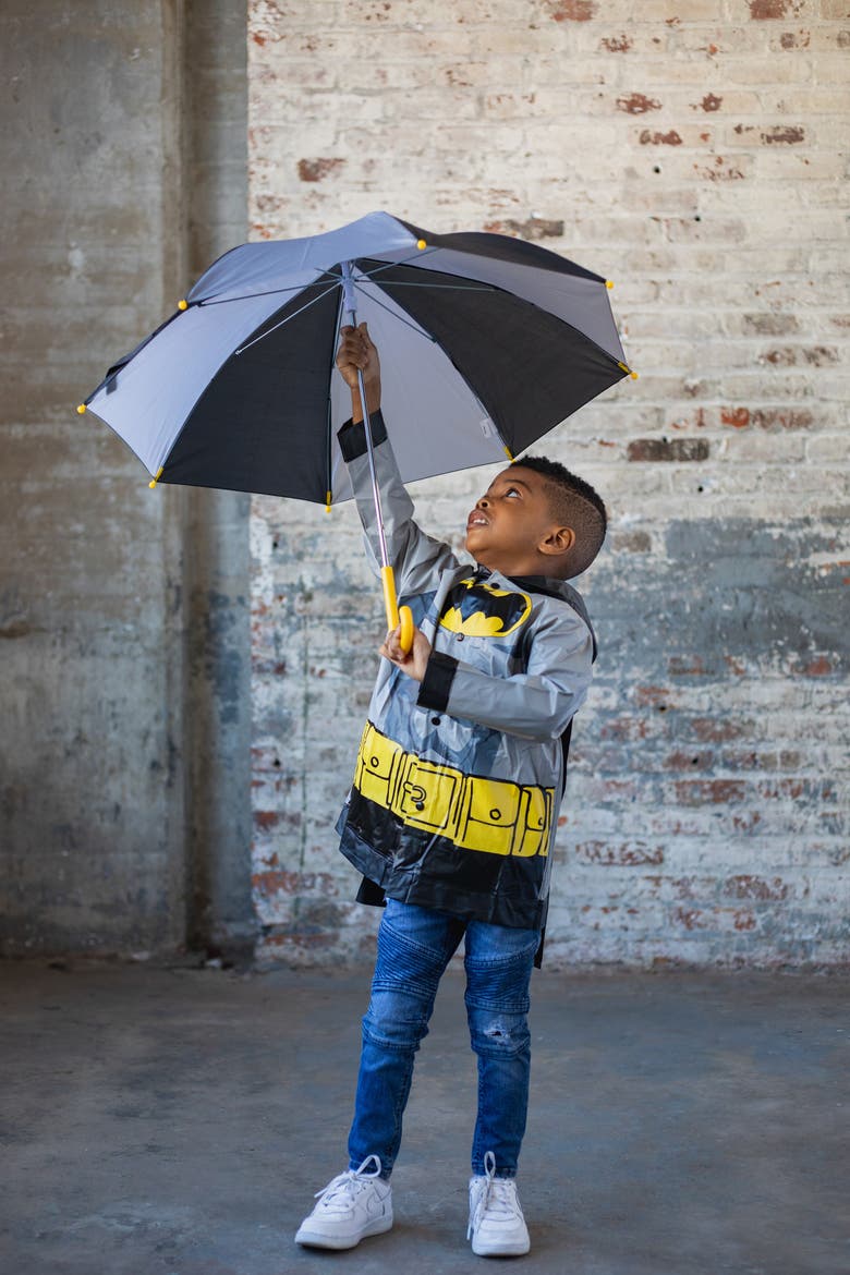 Justice League Batman 3-Piece Rain Jacket and Umbrella Set, Alternate, color, Batman Black Grey