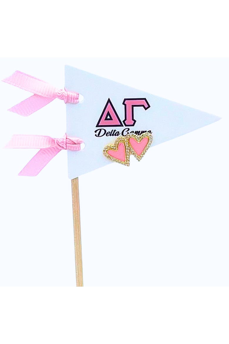 Delta Gamma Heart Stud Enamel Earrings on Sorority Pennant Flag, Main, color, Yellow Gold