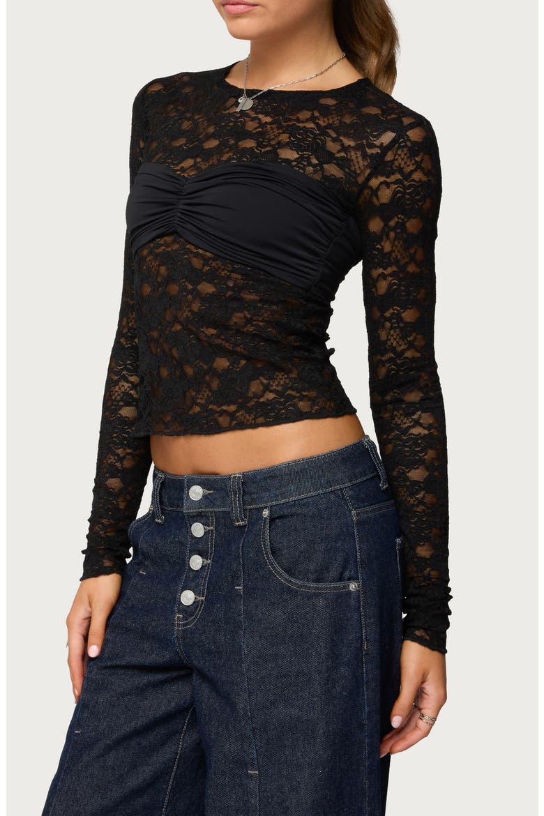 Rosette Bandeau Long Sleeve Lace Top, Alternate, color, BLACK