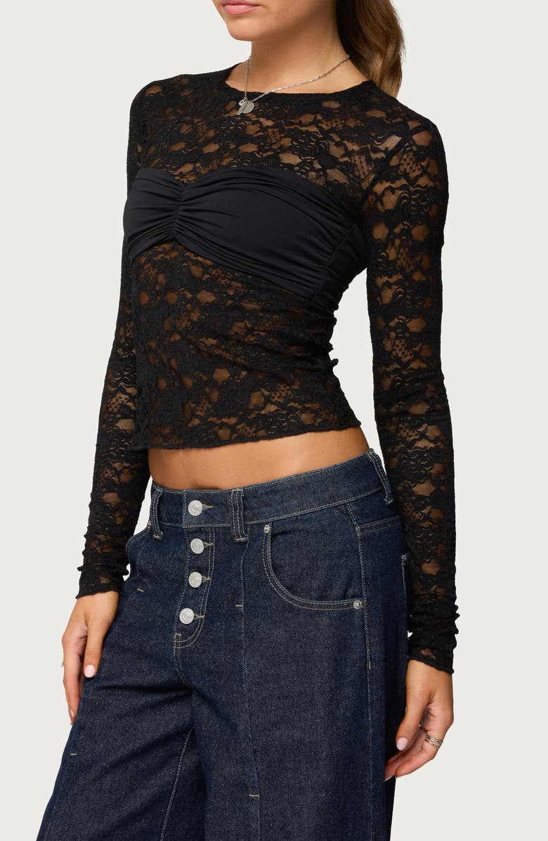 EDIKTED Rosette Bandeau Long Sleeve Lace Top, Alternate, color, Black