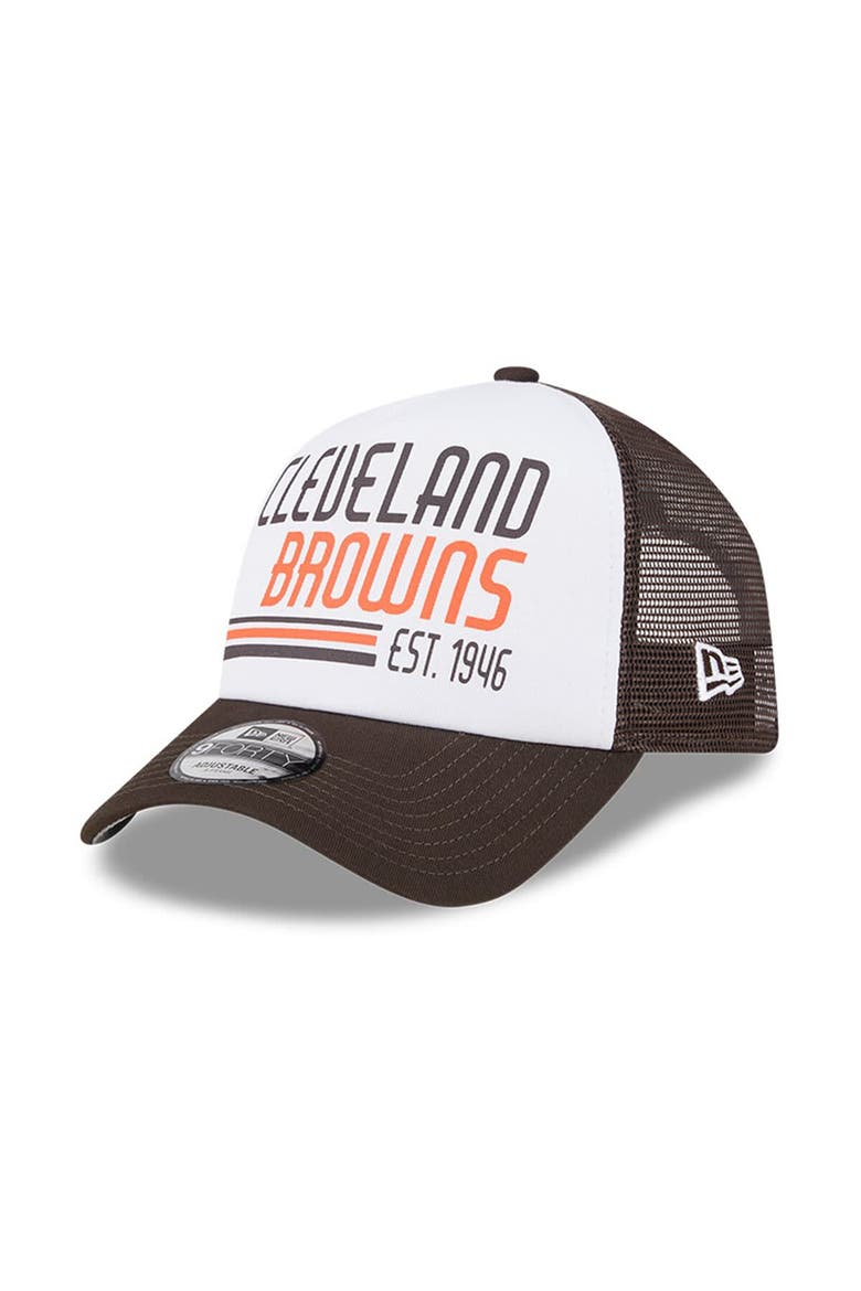 Men's New Era White/Brown Cleveland Browns Stacked A-Frame Trucker 9FORTY Adjustable Hat, Main, color, White