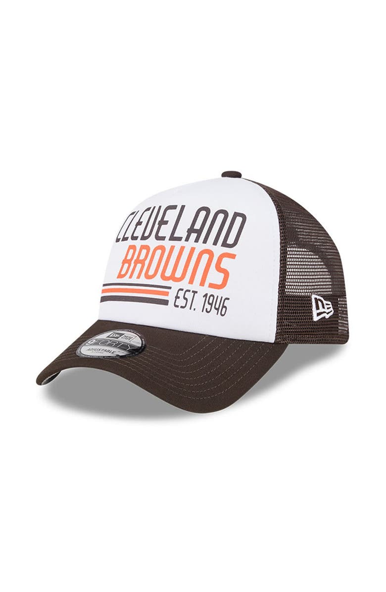 New Era Men's New Era White/Brown Cleveland Browns Stacked A-Frame Trucker 9FORTY Adjustable Hat, Main, color, 