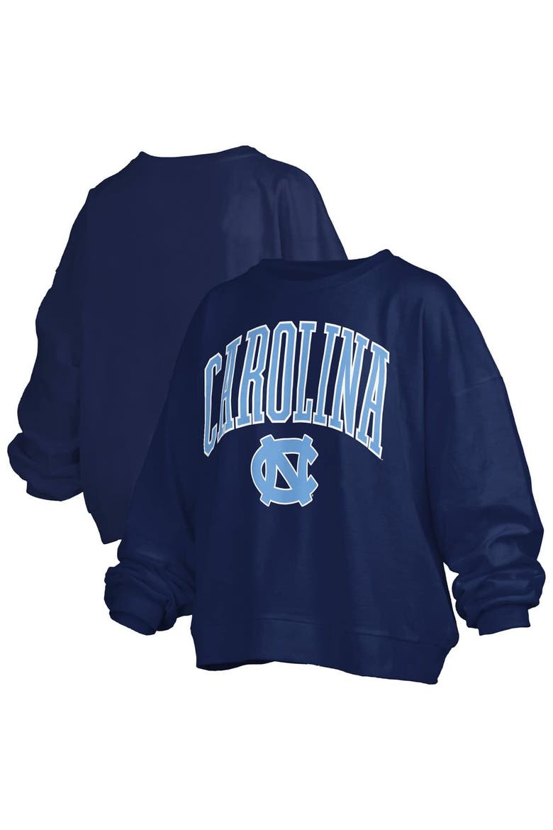 Women's Pressbox Navy North Carolina Tar Heels Janise Arch Over Logo Waist Length Oversized Pullover Sweatshirt, Main, color, Navy