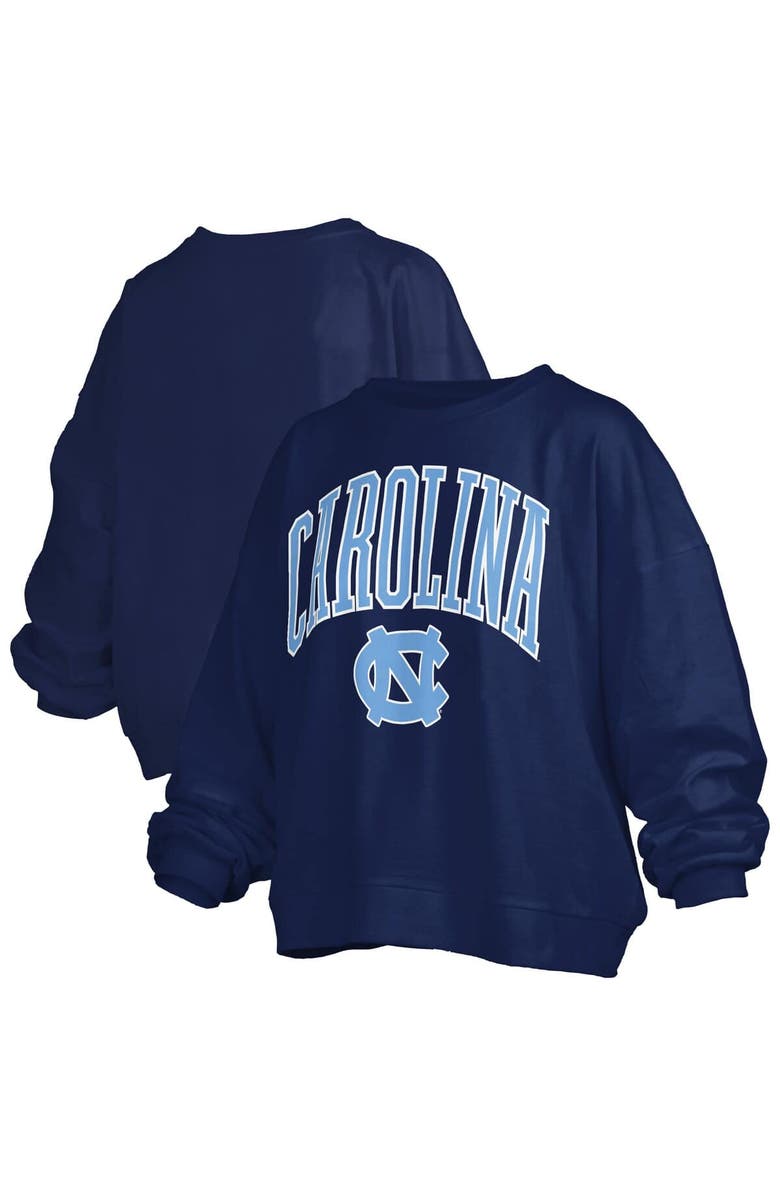 PRESSBOX Women's Pressbox Navy North Carolina Tar Heels Janise Arch Over Logo Waist Length Oversized Pullover Sweatshirt, Main, color, Navy