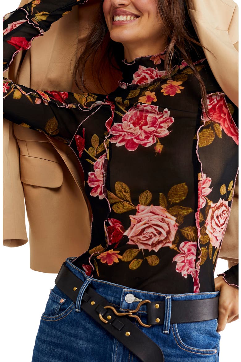 Charlie Print Turtleneck Mesh Top, Main, color, BLACK COMBO