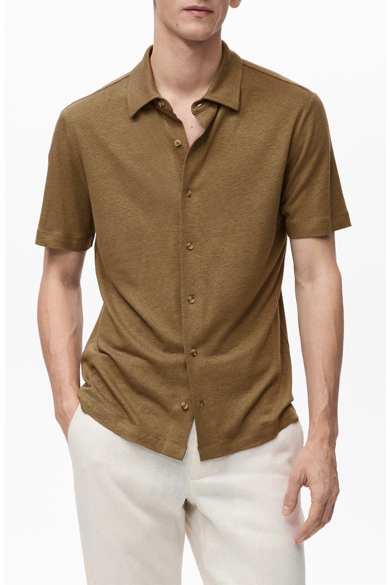 Regular Fit Short Sleeve Linen Blend Button-Up Shirt, Main, color, KHAKI