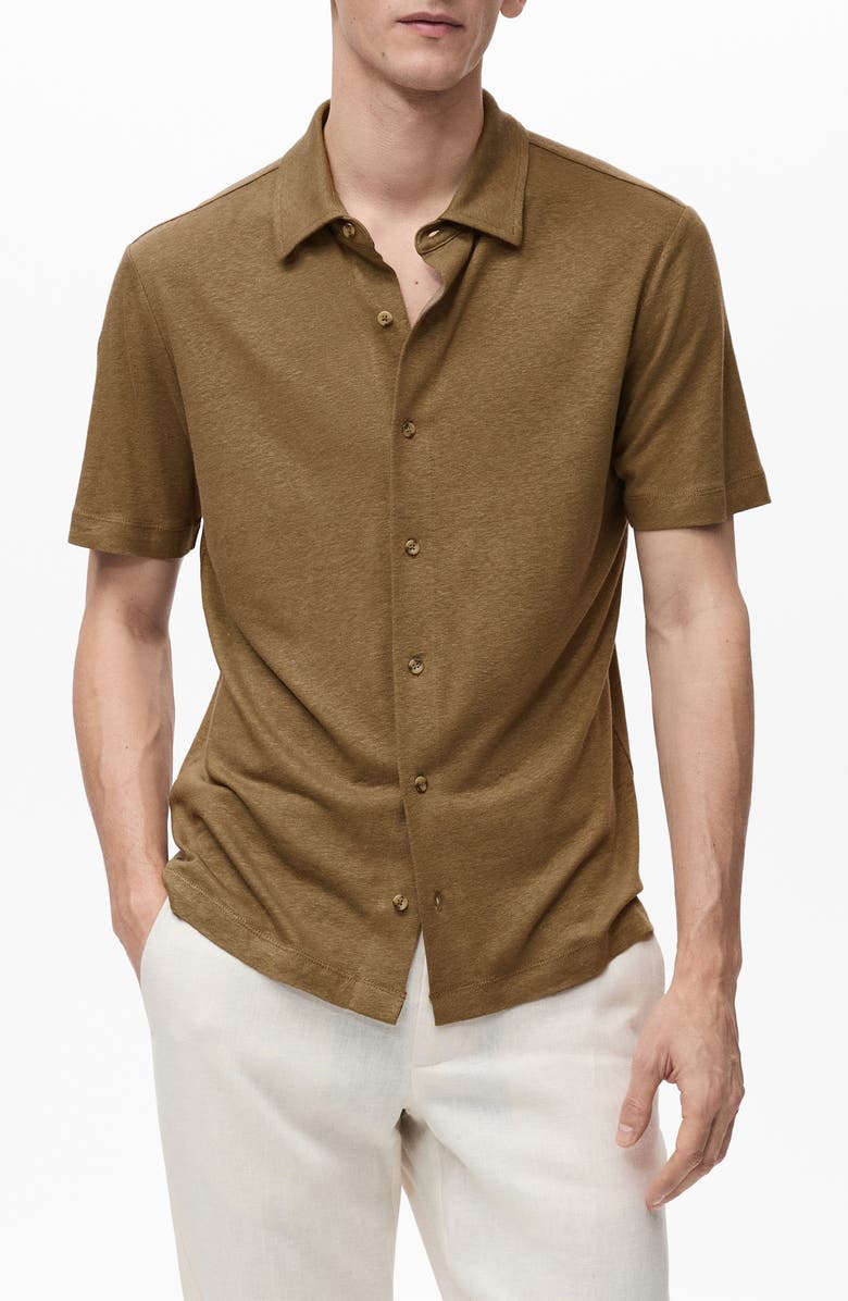 MANGO Regular Fit Short Sleeve Linen Blend Button-Up Shirt, Main, color,
