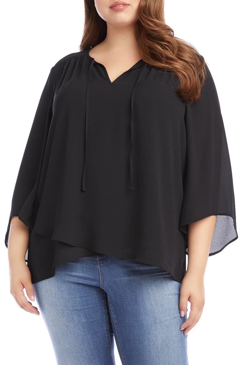 Tie Neck Bell Sleeve Top, Main, color, BLACK