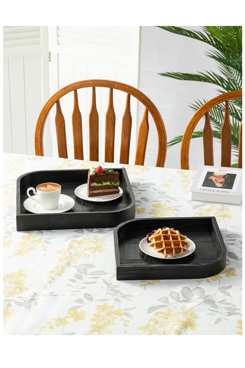 Set of 2 Leaf Shape Ash Wood Decorative Trays, Alternate, color, Black