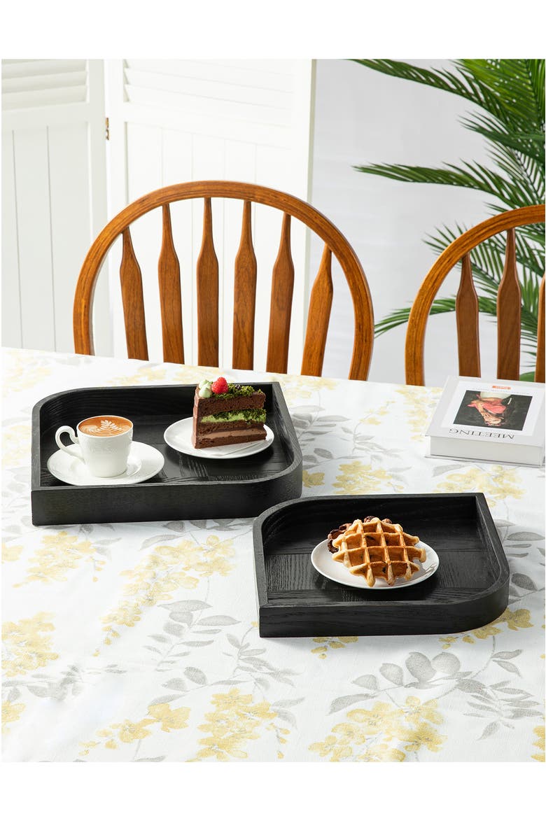 Glitzhome Set of 2 Leaf Shape Ash Wood Decorative Trays, Alternate, color, Black