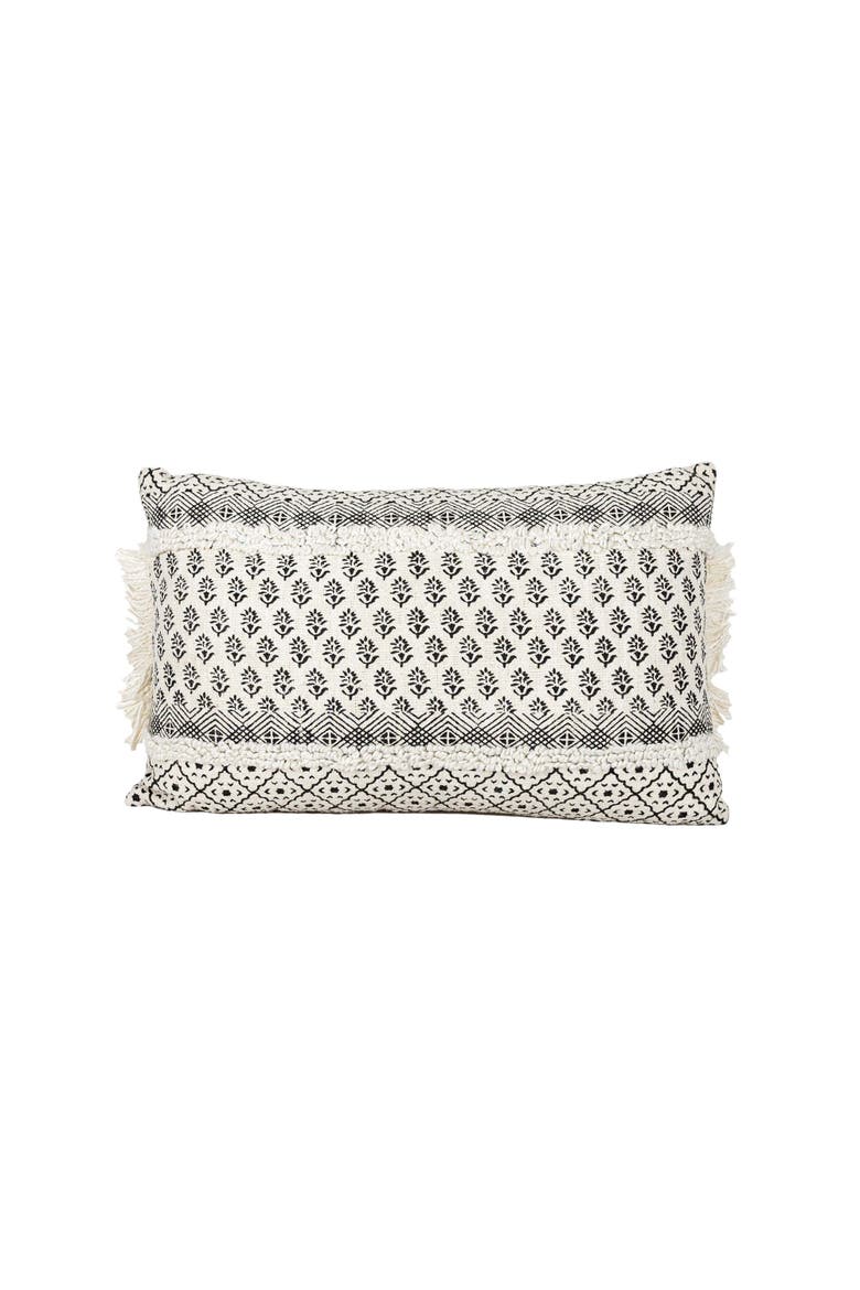 Boho Print Lumbar Pillow, 14" x 22" Black & White Cotton With Polyester Fill, Main, color, White