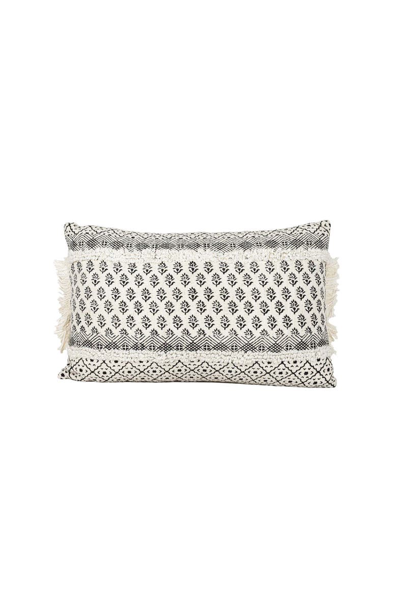 Foreside Home and Garden Boho Print Lumbar Pillow, 14" x 22" Black & White Cotton With Polyester Fill, Main, color, White