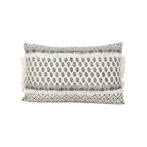 Boho Print Lumbar Pillow, 14" x 22" Black & White Cotton With Polyester Fill