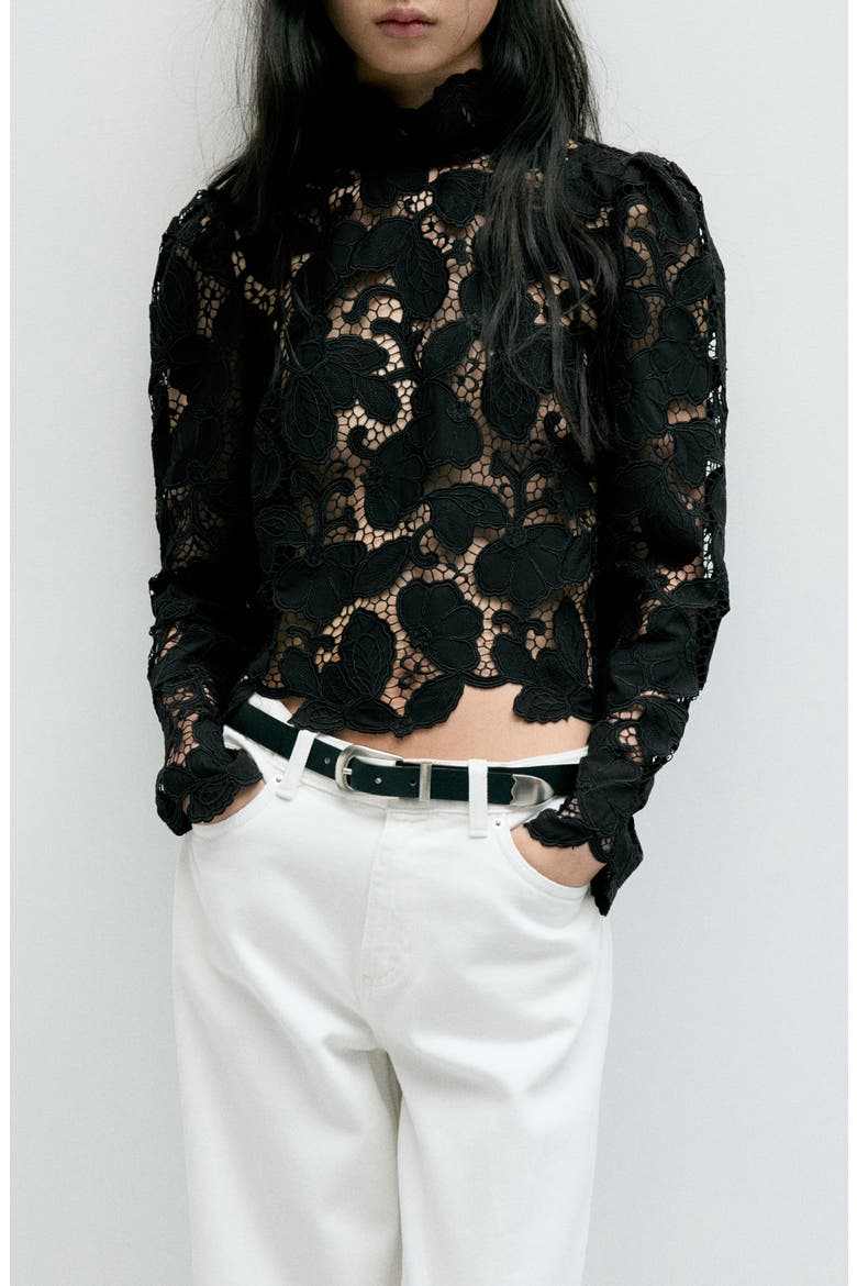 Guipure Lace Long Sleeve Top, Main, color, BLACK