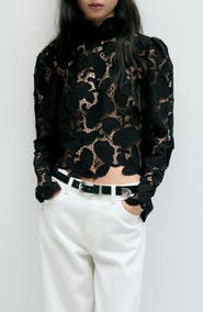 MANGO Guipure Lace Long Sleeve Top