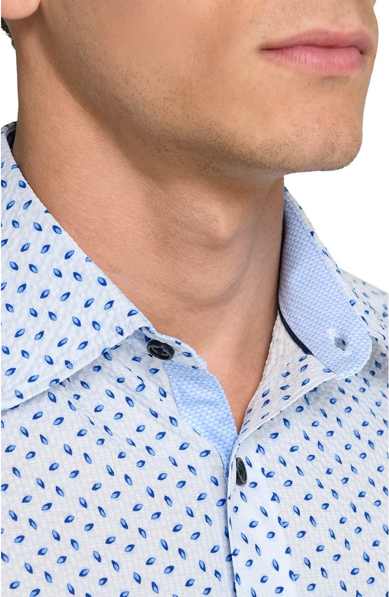 CONSTRUCT Slim Fit Falling Feathers Seersucker Short Sleeve Shirt, Alternate, color, White/Blue