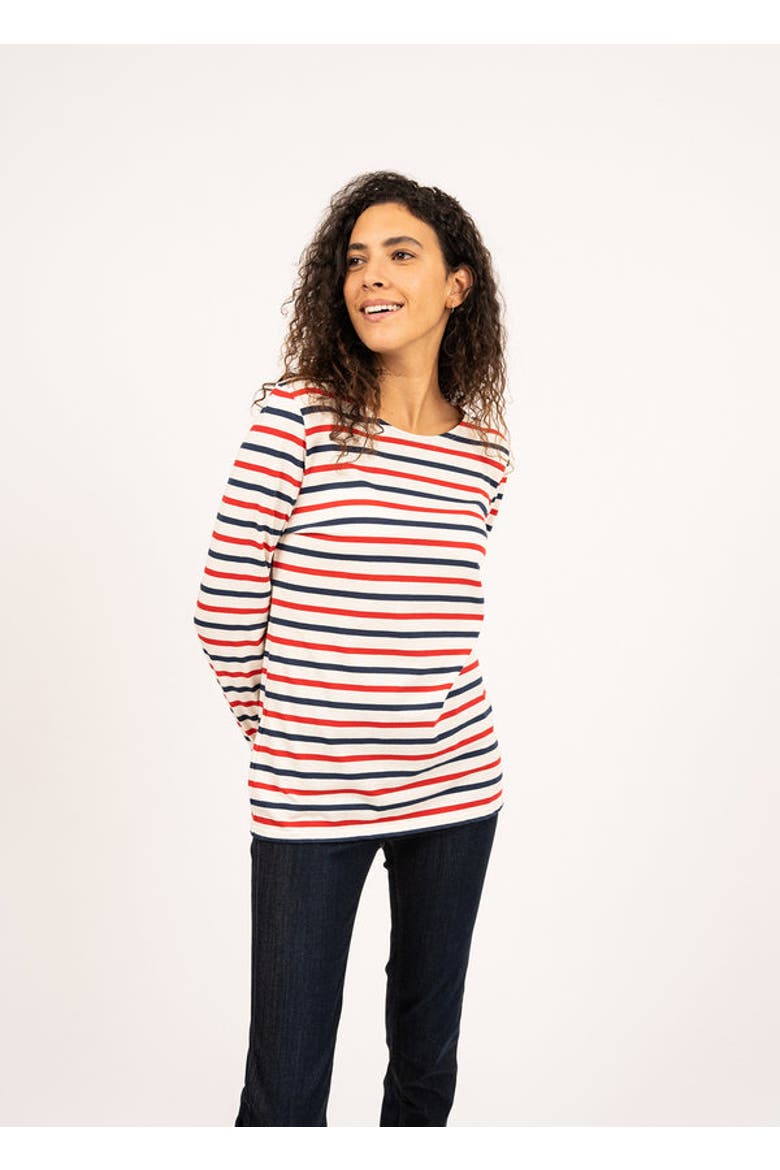 MINQUIDAME - Tri-color Breton Shirt for Women, Alternate, color, ecru/navy/red