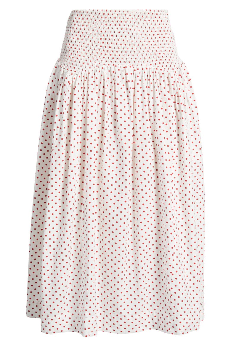 Layla Polka Dot Smocked Midi Skirt, Alternate, color, WHITE