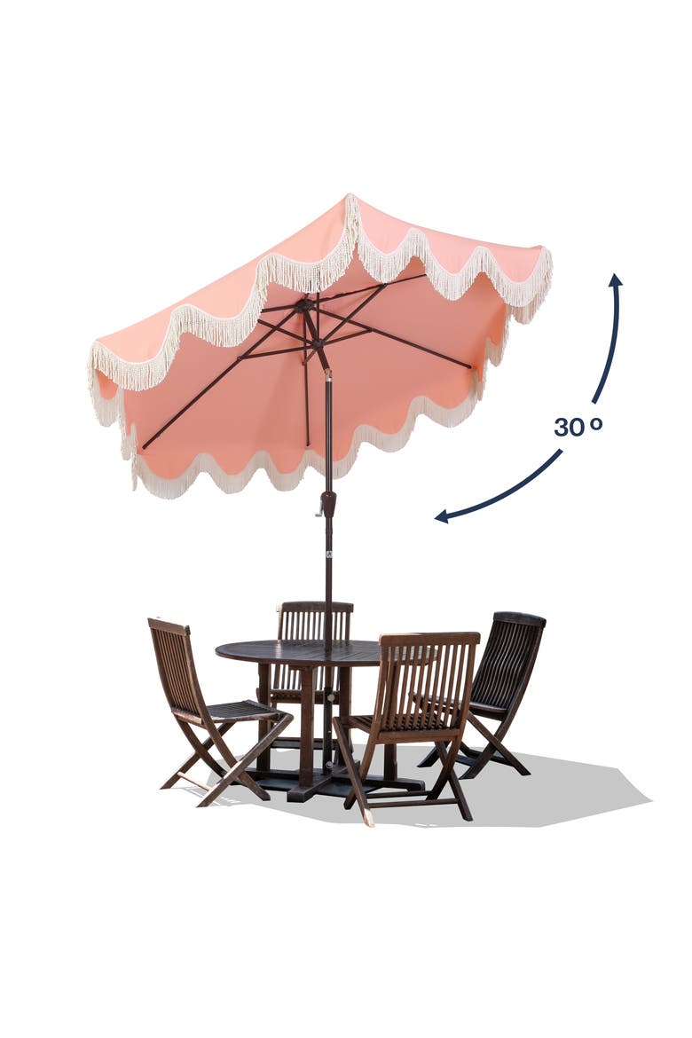 Collins Bohemian Fringe Outdoor Patio Umbrella with Crank Lift and Tilt, Scalloped UV-Resistant Canopy, Aluminum Pole, Alternate, color, Coral Pink/Cream