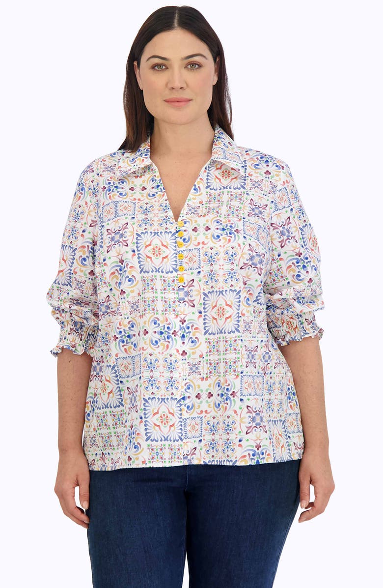 Foxcroft Alexis Watercolor Print Smocked Sleeve Cotton Popover Top, Alternate, color, 