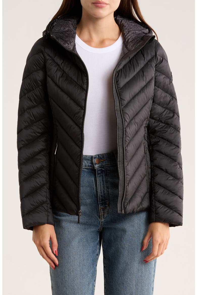 Hooded Packable Chevron Quilted Jacket, Alternate, color, BLACK
