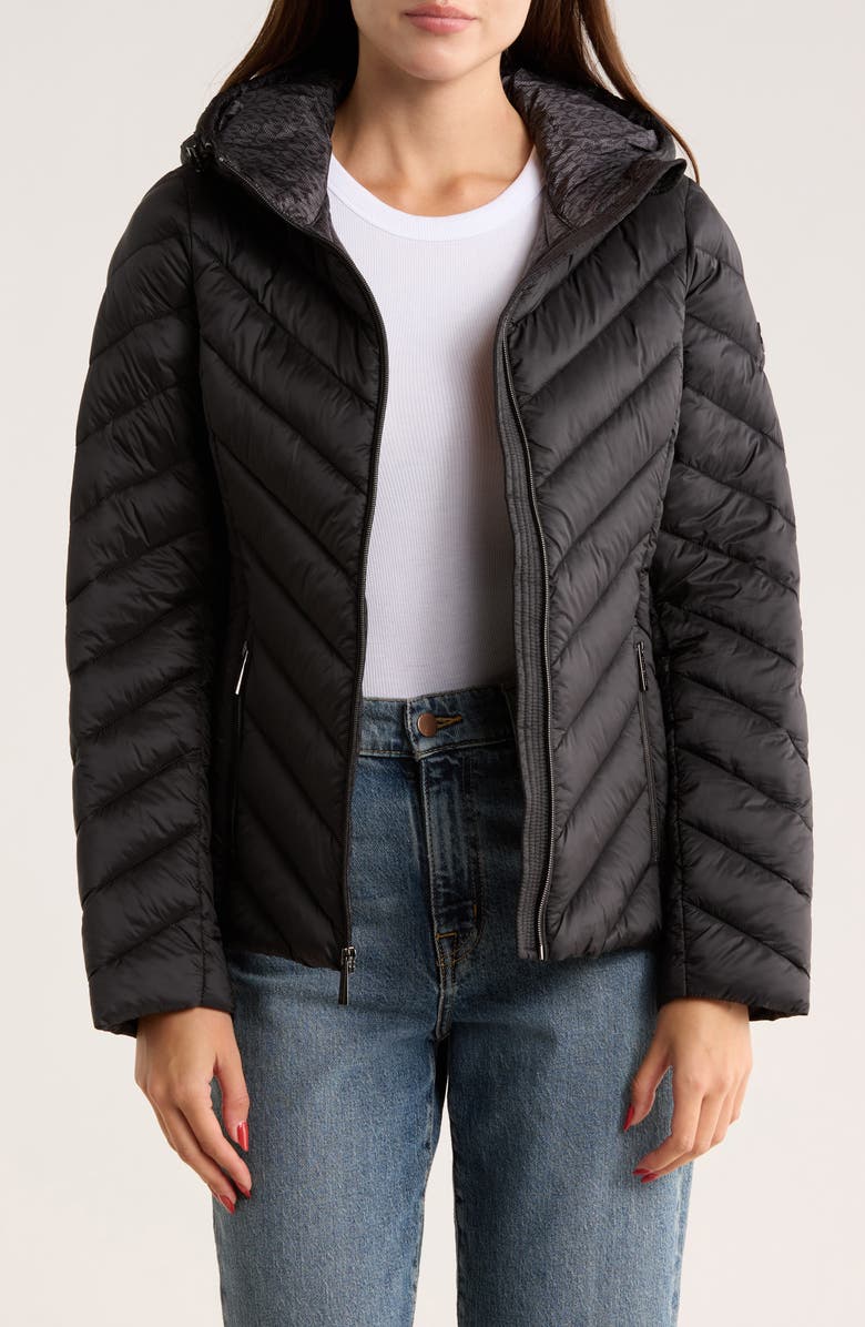 Michael Kors Hooded Packable Chevron Quilted Jacket, Alternate, color, Black