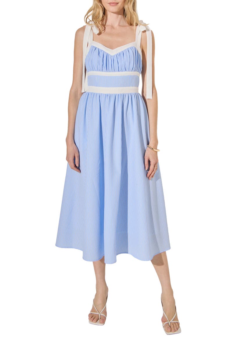 Stripe Tie Shoulder Seersucker Midi Dress, Main, color, POWDER BLUE