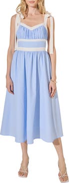 English Factory Stripe Tie Shoulder Seersucker Midi Dress