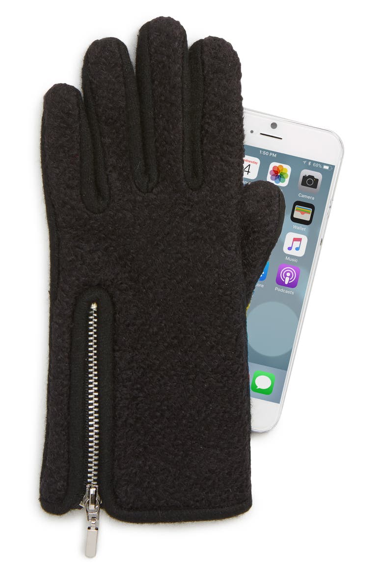 Zip Bouclé Touchscreen Gloves, Alternate, color, BLACK