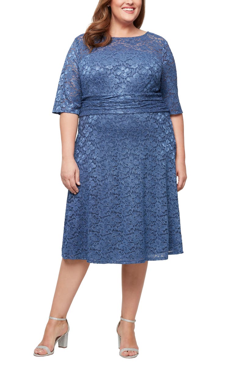 SL FASHIONS Lace Overlay Fit & Flare Midi Dress, Main, color, Wedgewood