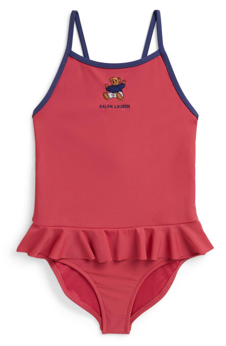 Polo Ralph Lauren Kids' Embroidered Peplum One-Piece Swimsuit, Main, color, Nantucket Red Multi