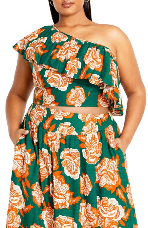 Runaway Bird Ruffle One-Shoulder Crop Top (Plus)