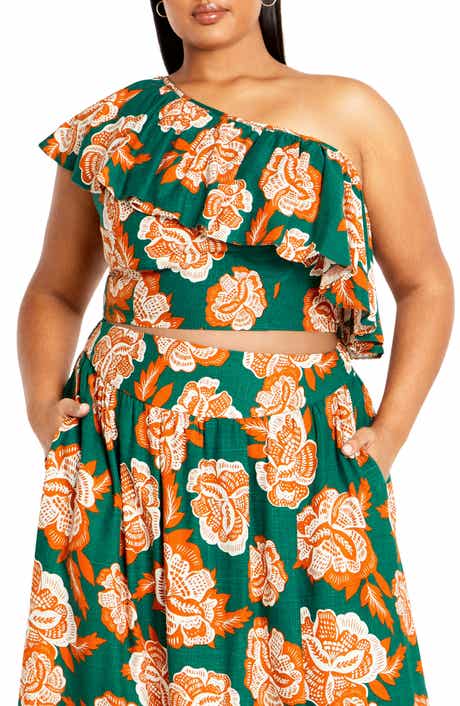 City Chic Runaway Bird Ruffle One-Shoulder Crop Top