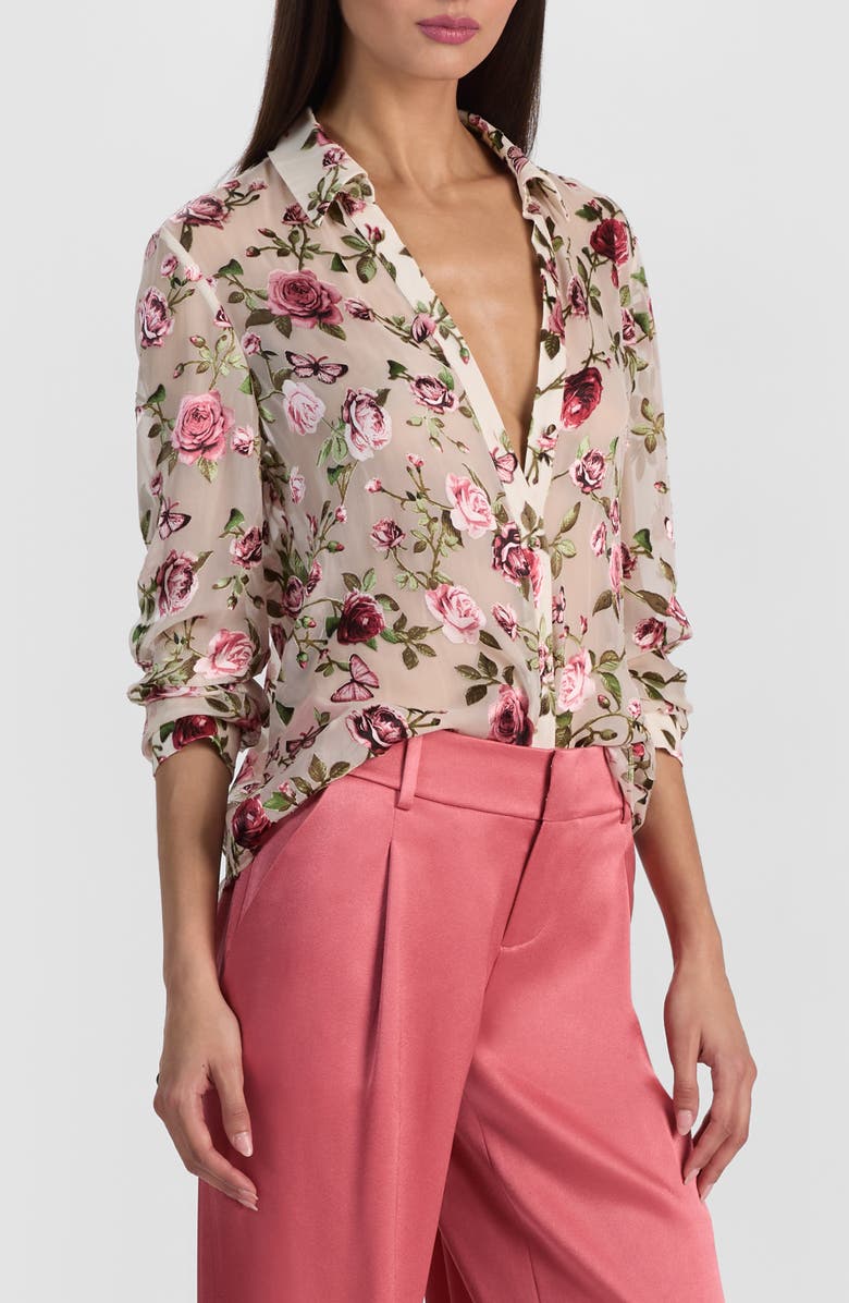Alice + Olivia Eloise Floral Silk Button-Up Shirt, Alternate, color, Garden Gossip Off White