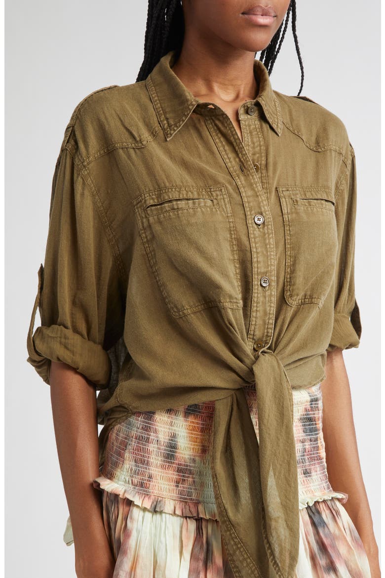 Valiane Button-Up Tie Front Top, Alternate, color, LIGHT KHAKI