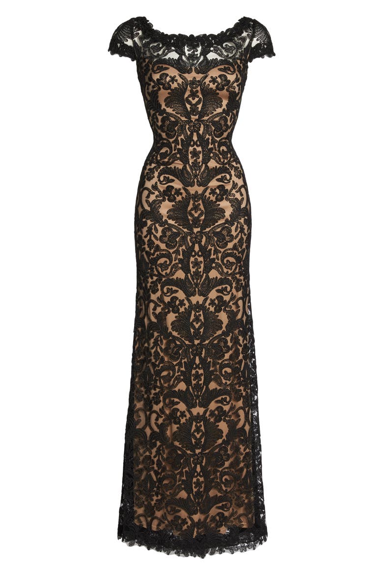 Illusion Yoke Gown, Alternate, color, BLACK/ NUDE