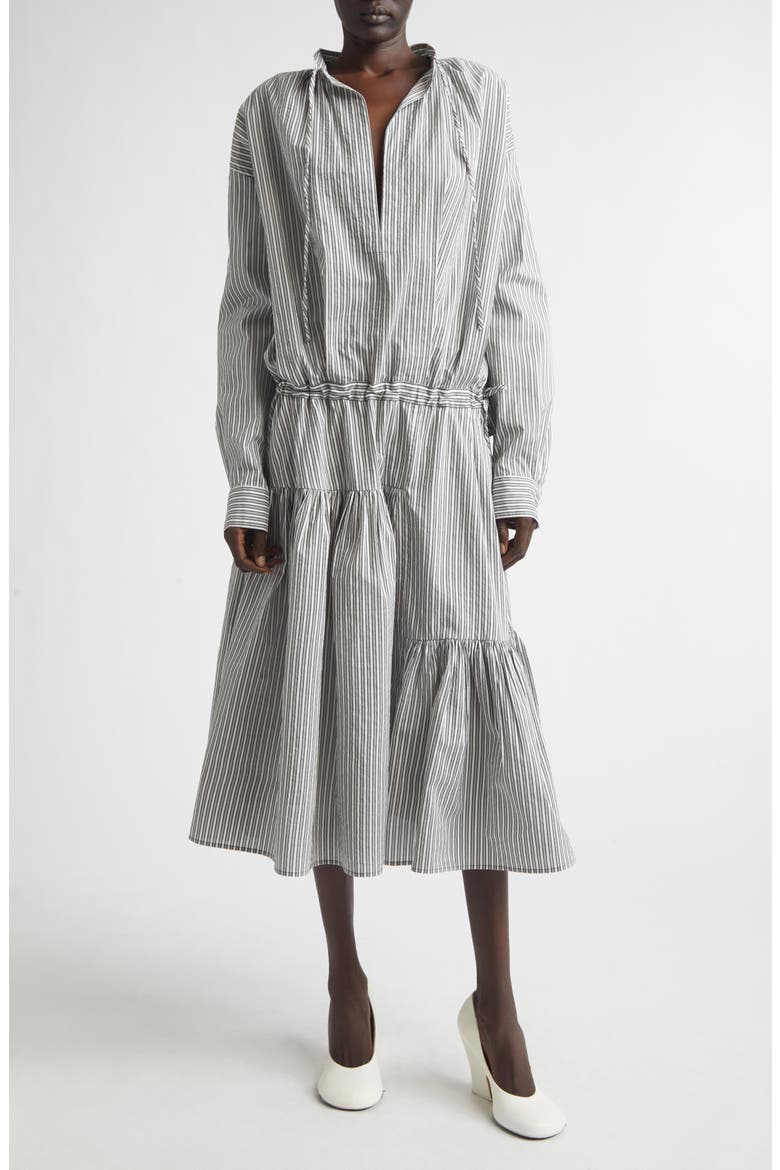 Washed Stripe Long Sleeve Cotton & Silk Dress, Main, color, BLACK