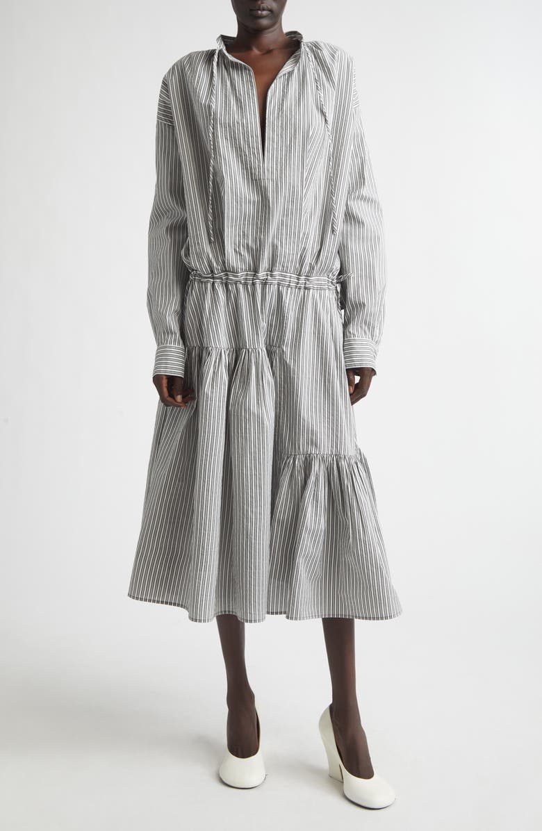 Dries Van Noten Washed Stripe Long Sleeve Cotton & Silk Dress, Main, color, Black