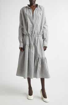 Washed Stripe Long Sleeve Cotton & Silk Dress