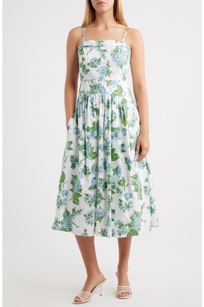 Floral Fold Over Neck Drop Waist Cotton Midi Sundress, Main, color, DUSTY BLUE