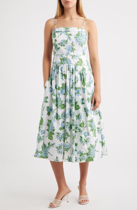 Floral Fold Over Neck Drop Waist Cotton Midi Sundress