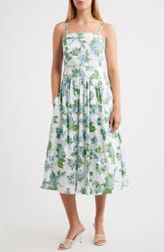 CeCe Floral Fold Over Neck Drop Waist Cotton Midi Sundress