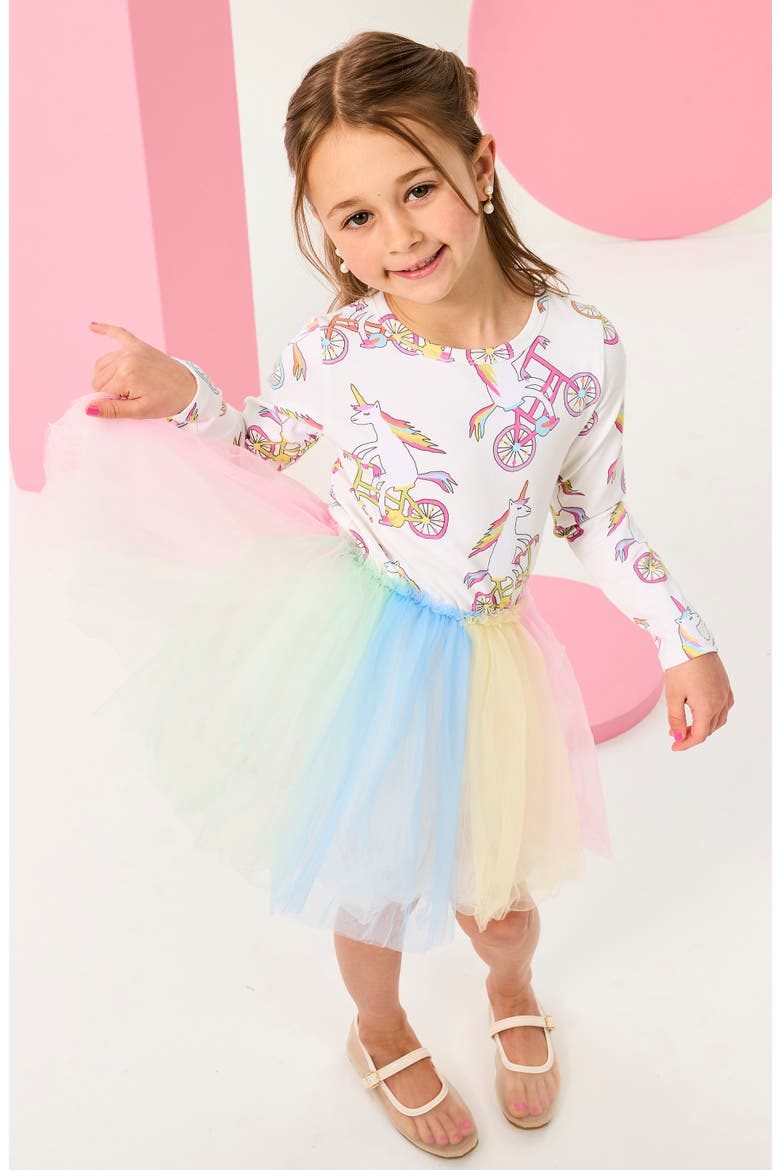 Kids' Unicorn Circus Print Long Sleeve Tulle Party Dress, Alternate, color, CREAM