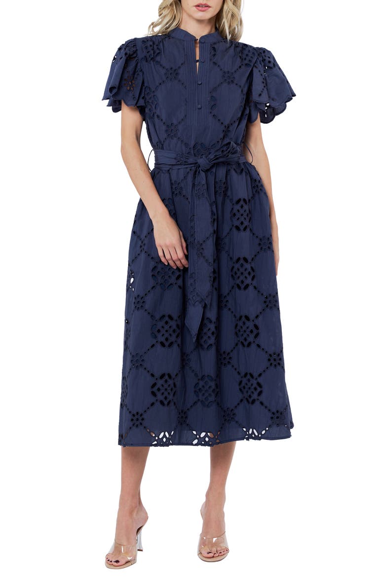 Willa Eyelet Lace Midi Shirtdress, Main, color, NAVY