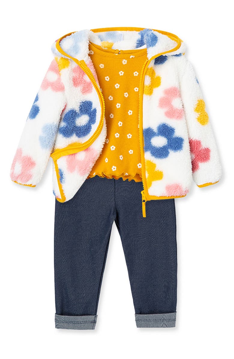 Little Me Floral Print Fleece Jacket, Long Sleeve Shirt & Leggings Set, Alternate, color, 
