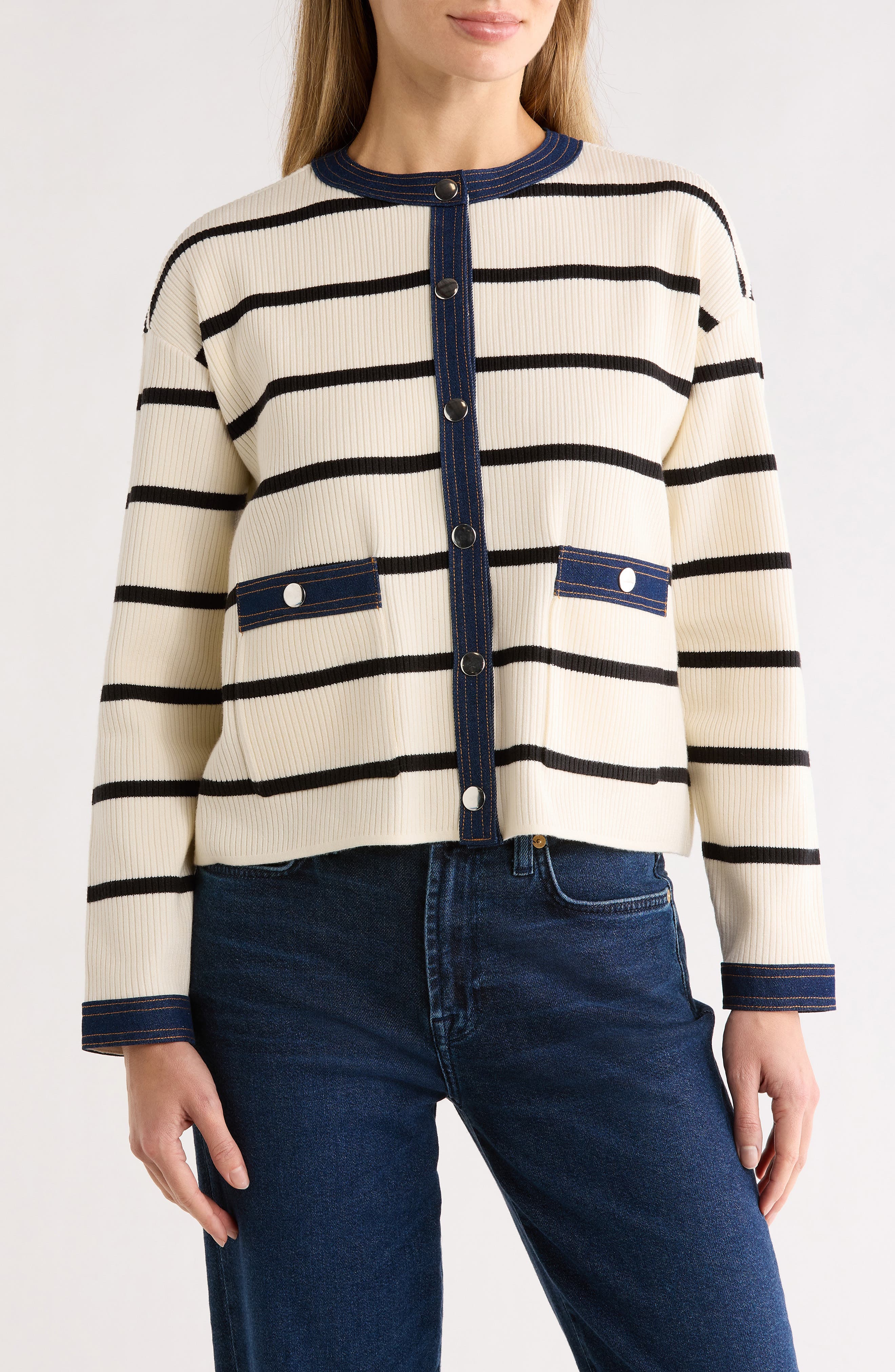 Nanette Lepore Denim Trim Stripe Ribbed Cardigan